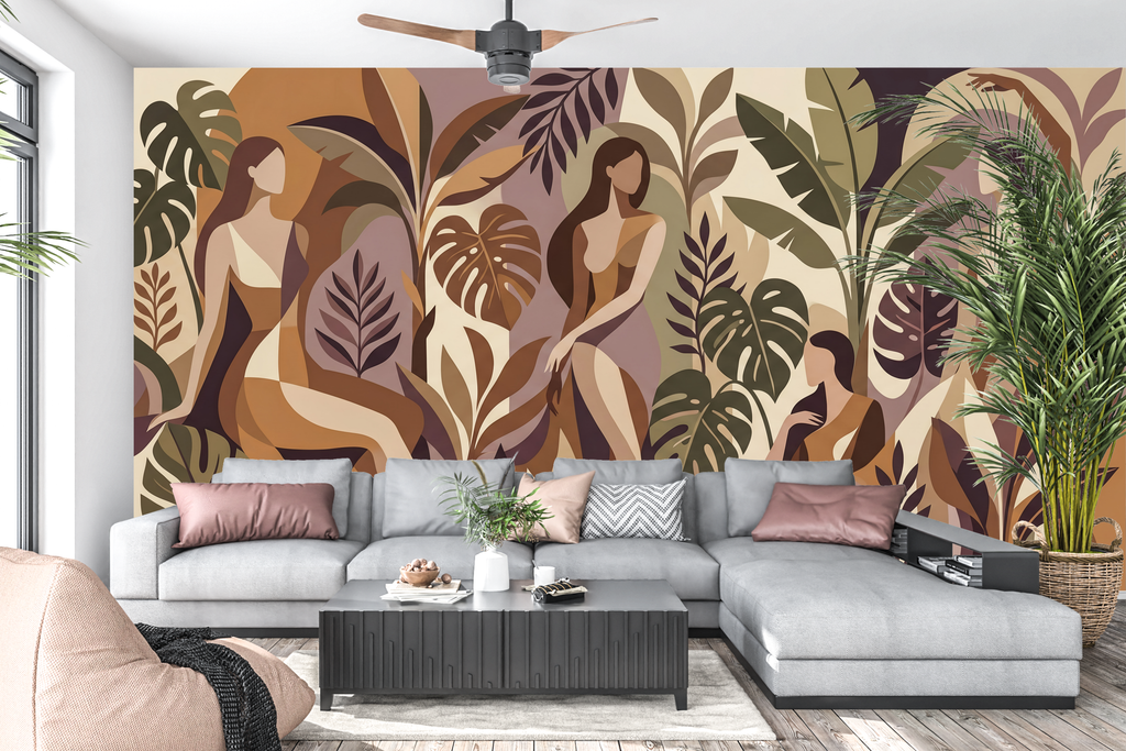 Abstract earthy boho women mural in a stylish warm living room
