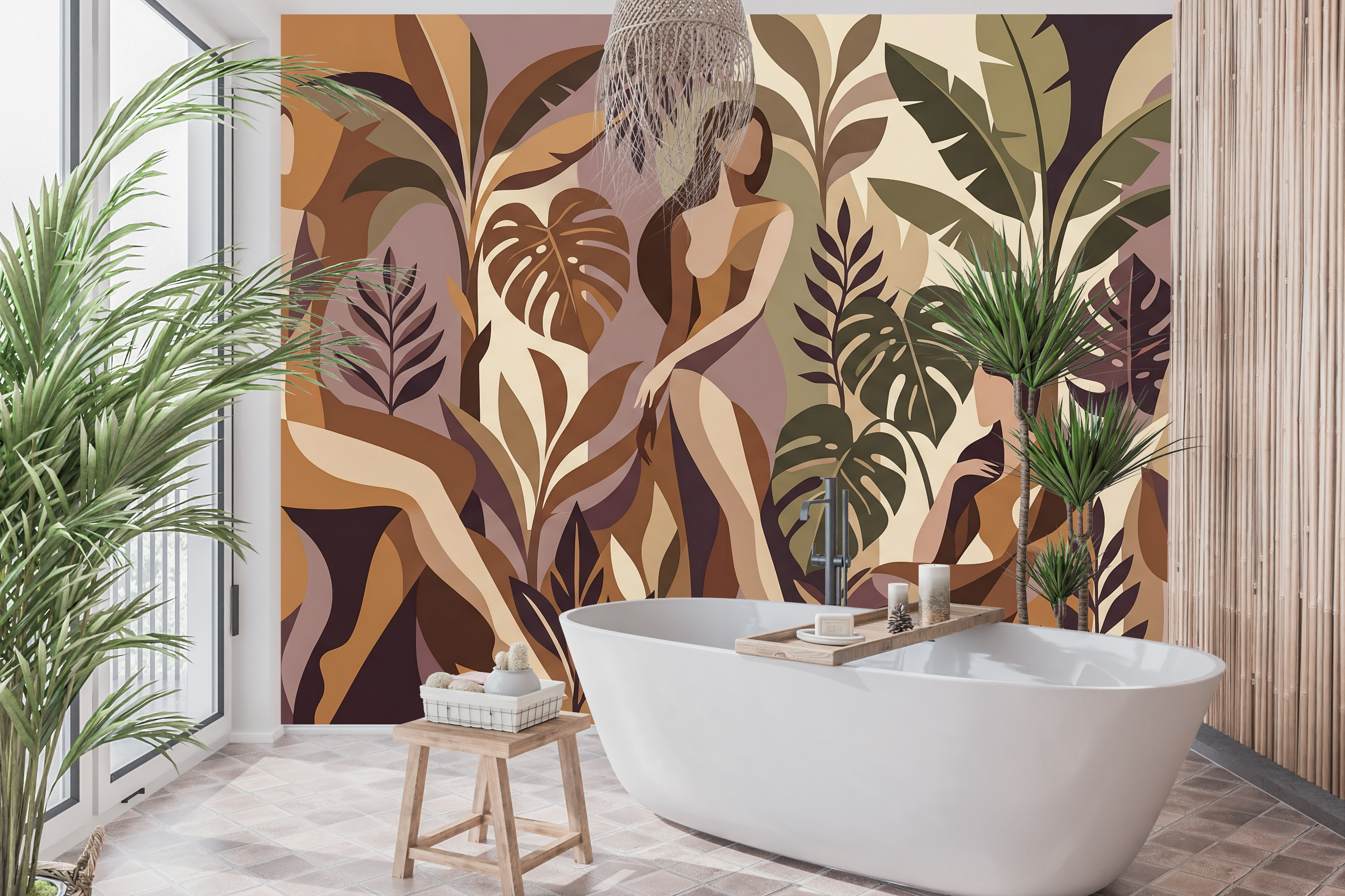 Waterproof vinyl warm earthy abstract women wallpaper applied in a chic bathroom