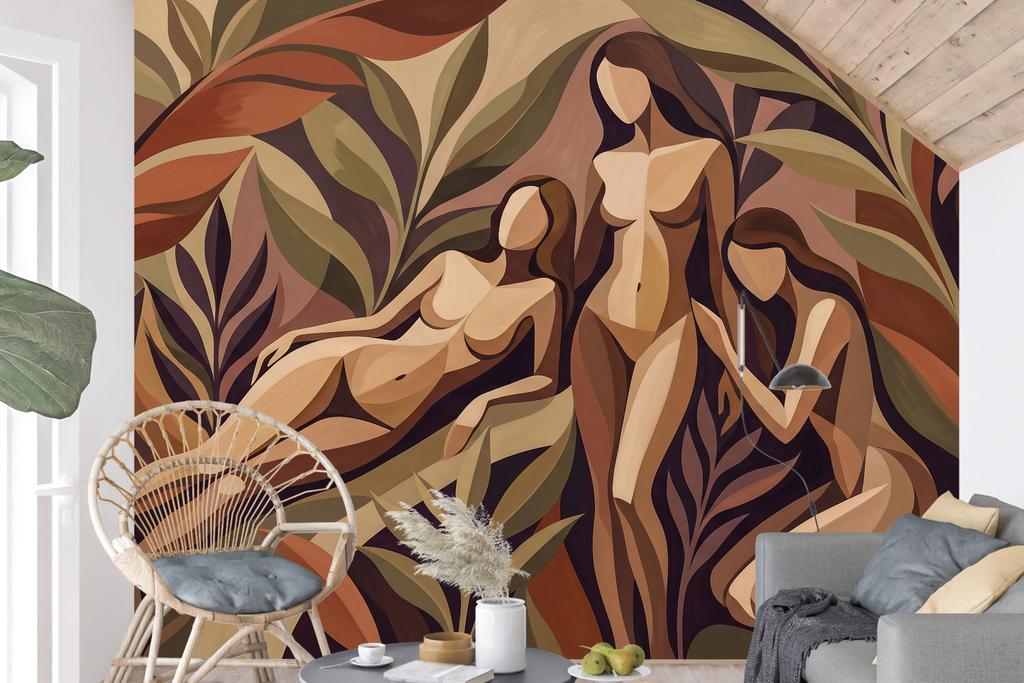 Geometric abstract female figures and botanical wall mural creating an empowering accent wall