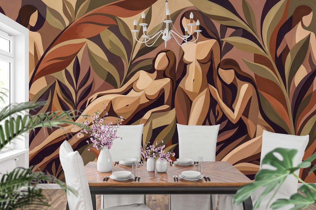 Mid-Century Modern Earthy Wall Mural Warm Cubist Female Silhouette Wallpaper