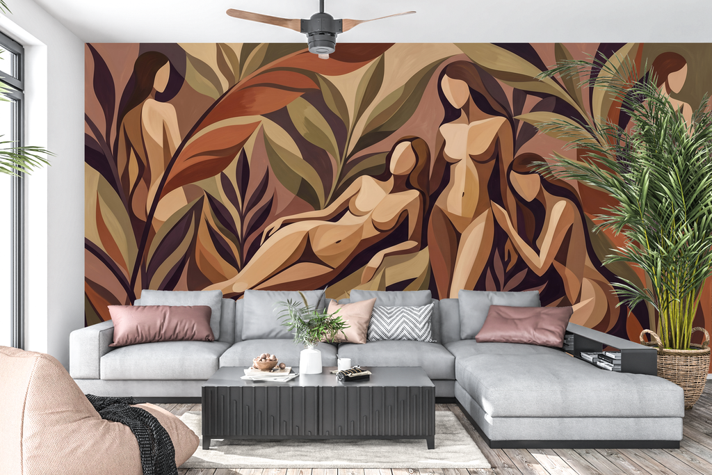 Abstract earthy cubist goddess mural in a stylish warm living room