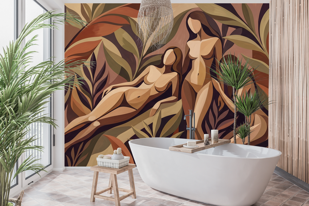 Waterproof vinyl warm earthy abstract women wallpaper applied in a chic bathroom