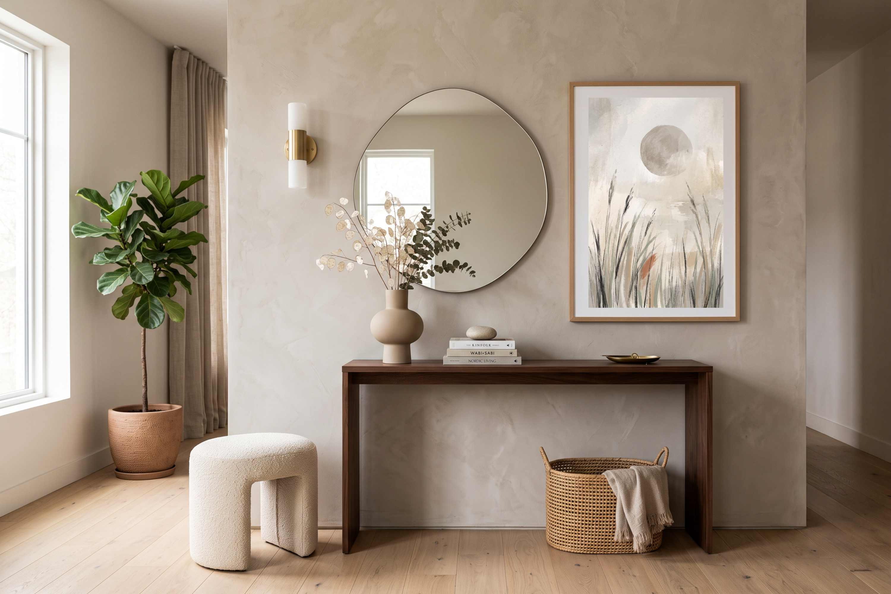 Muted neutral meadow grass wall decor displayed above a cozy natural linen bed
