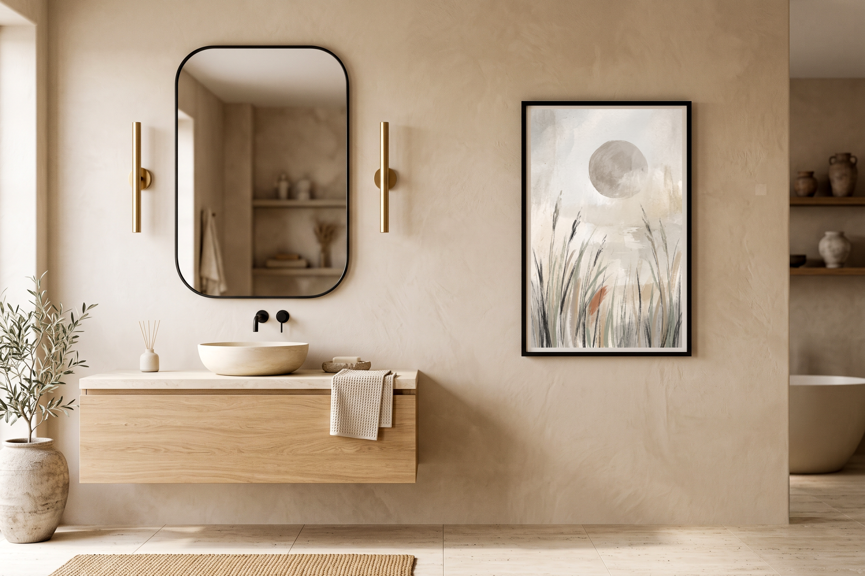 Calming misty sun and reeds watercolor art adding a spa-like feel to a modern bathroom