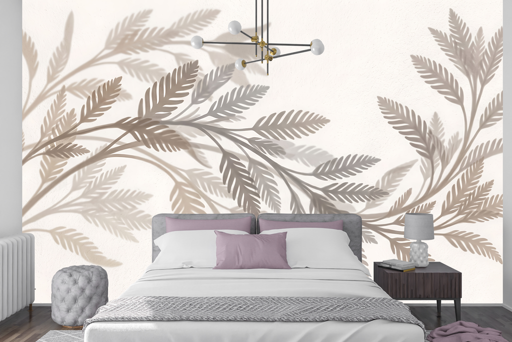 Elegant sweeping shadow branch wall mural creating a calming home office accent
