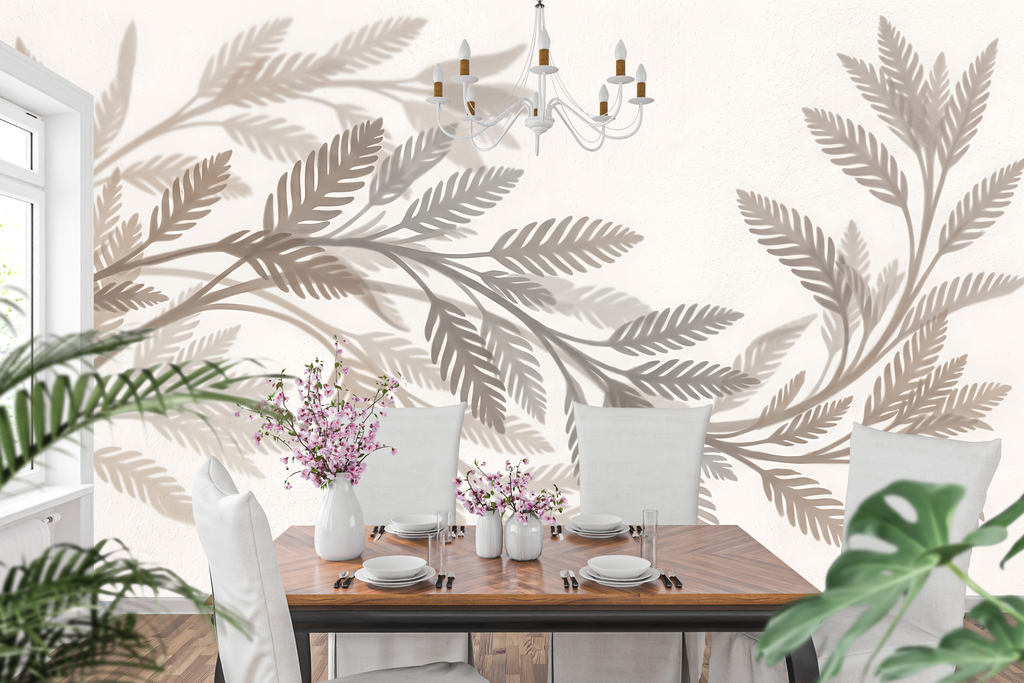 Soft taupe and beige translucent leaf peel and stick wallpaper behind a modern bed