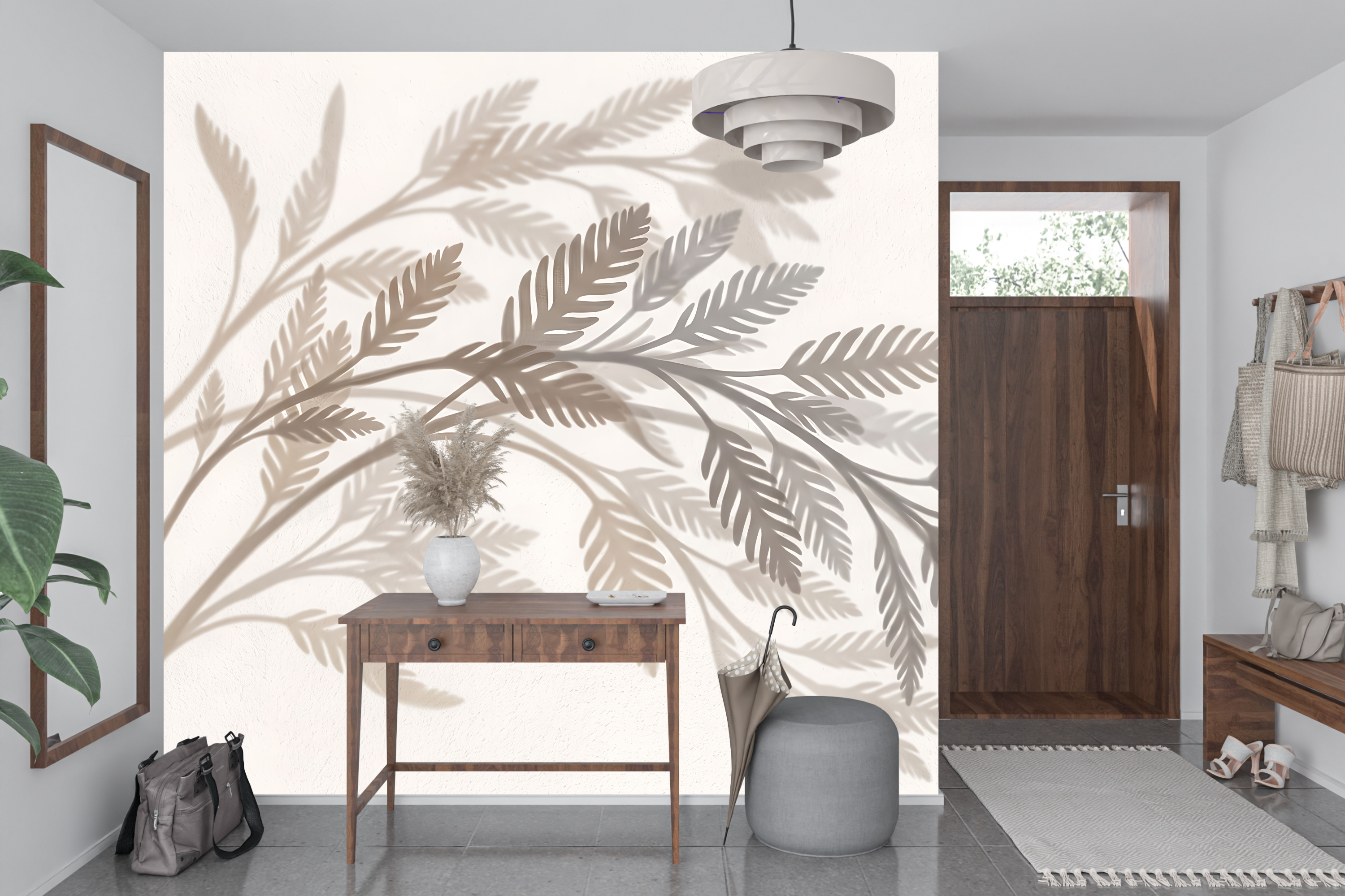 Warm neutral wabi-sabi botanical shadow wall mural transforming a minimalist yoga space