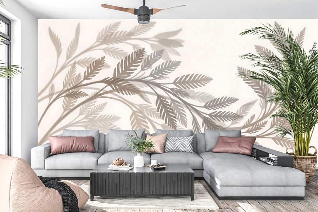 Minimalist botanical shadow mural in a serene neutral Japandi living room