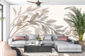 Minimalist botanical shadow mural in a serene neutral Japandi living room