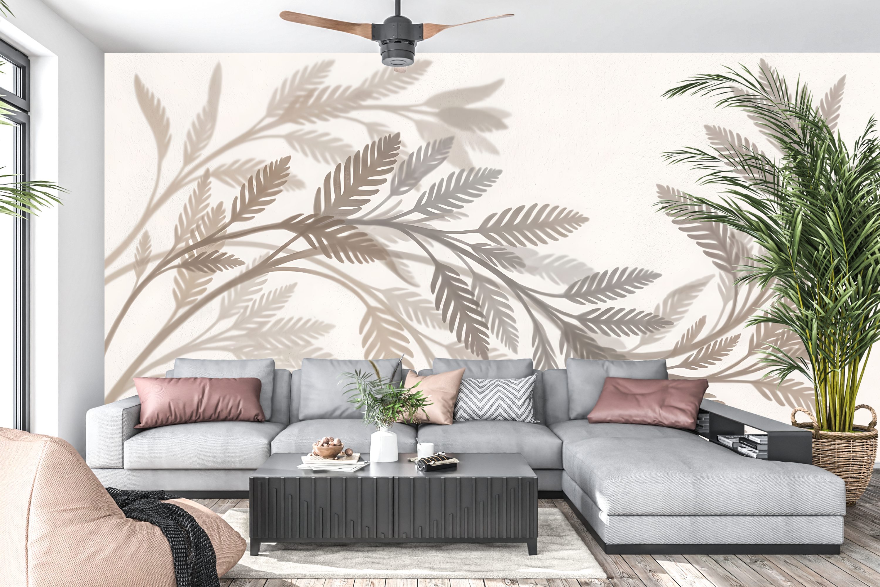 Minimalist botanical shadow mural in a serene neutral Japandi living room