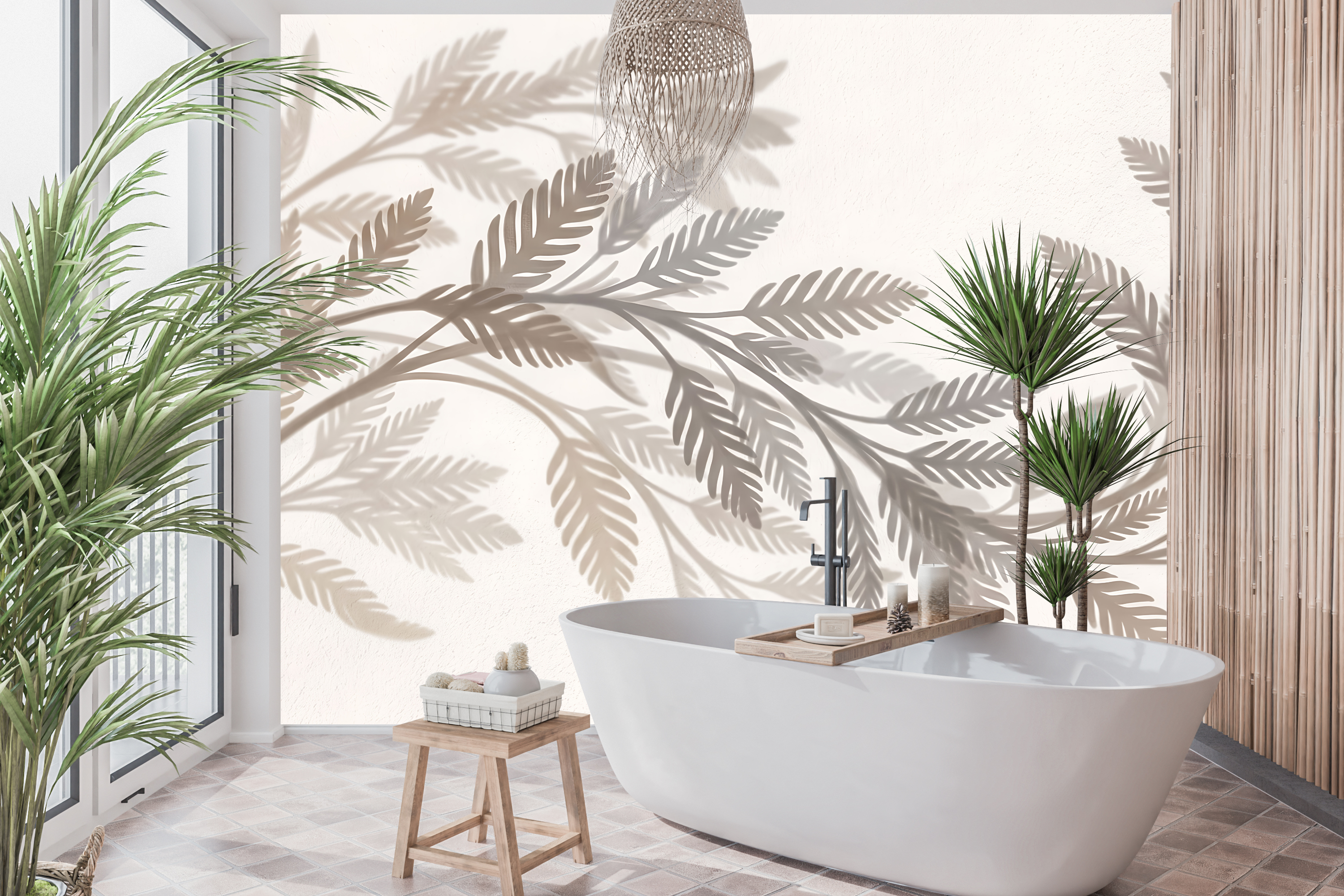 Waterproof vinyl subtle leaf silhouette wallpaper applied in a spa-like neutral bathroom