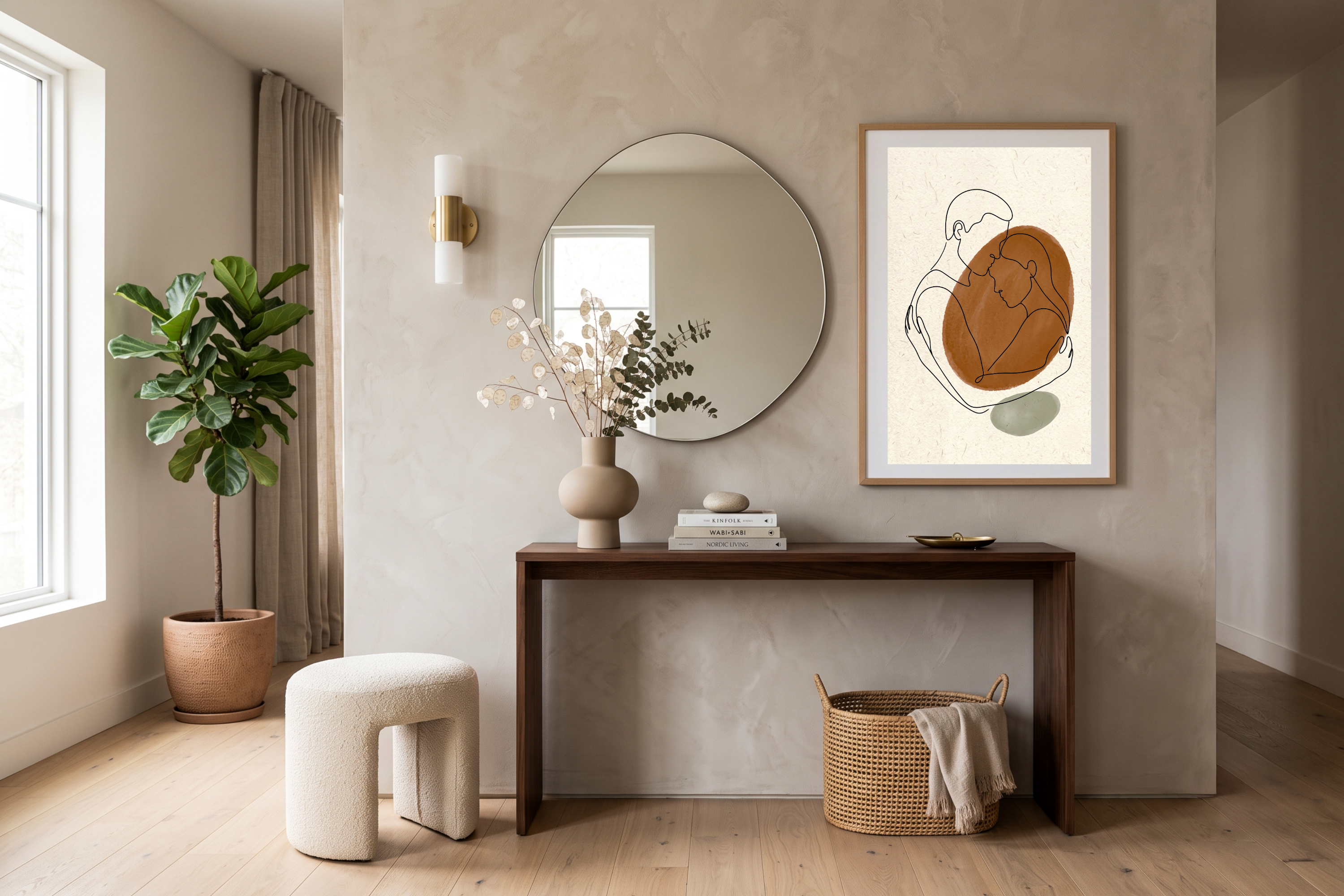 Abstract watercolor and continuous line art couple welcoming guests in a modern bright entryway