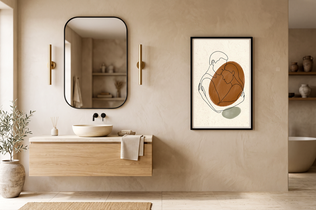 Romantic terracotta and sage green abstract wall decor above a cozy natural bed