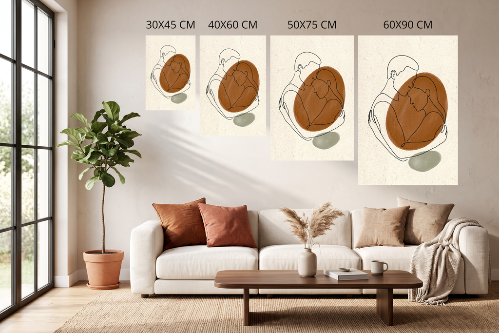Minimalist couple embrace line art canvas print in a serene boho living room