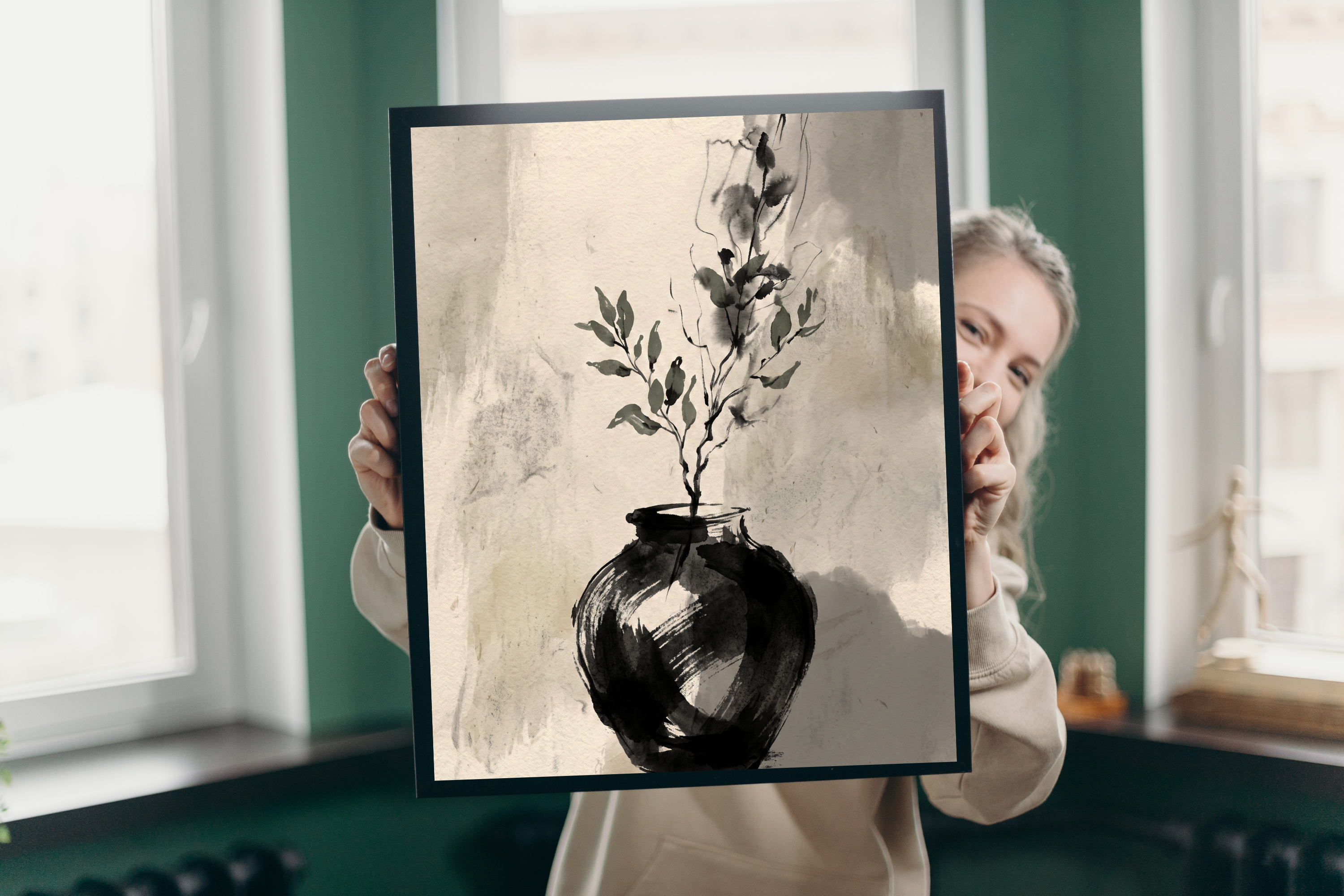 Minimalist Ink Wash Botanical Canvas Print Serene Japandi Vase Wall Decor