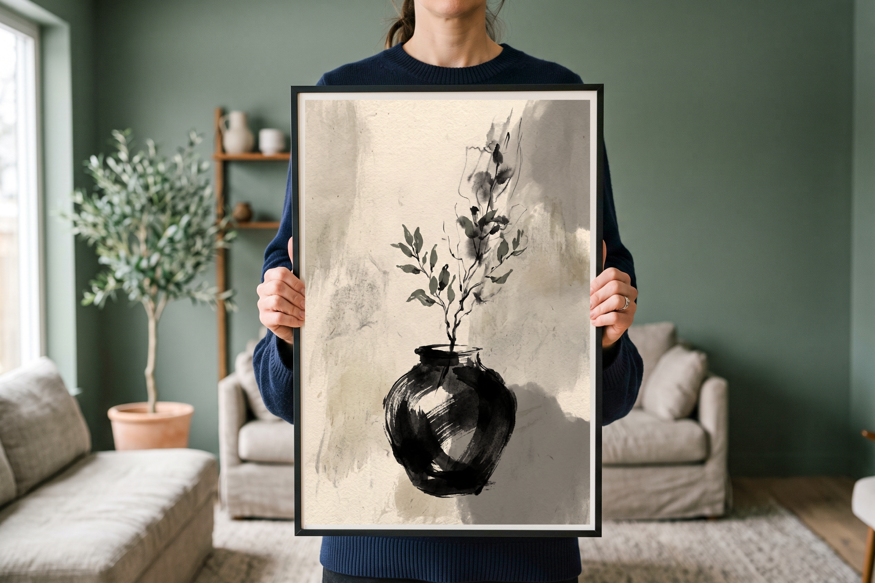 Detail view showing the expressive ink brushstrokes, dark vase, and textured beige background
