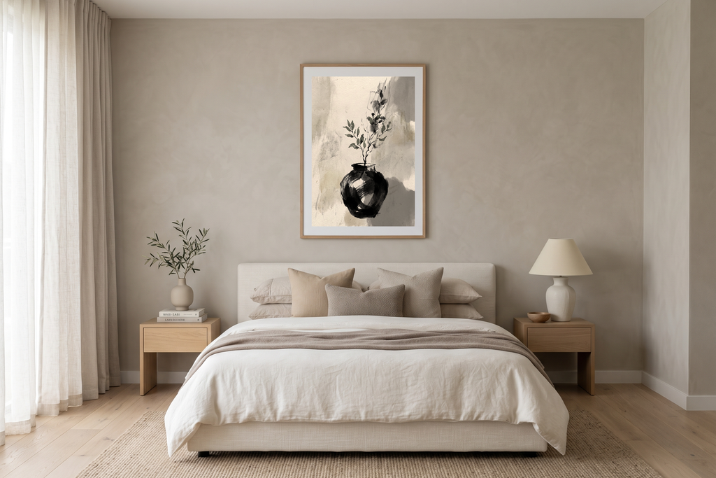 Wabi-Sabi charcoal vase and branch wall decor above a cozy natural wood bed