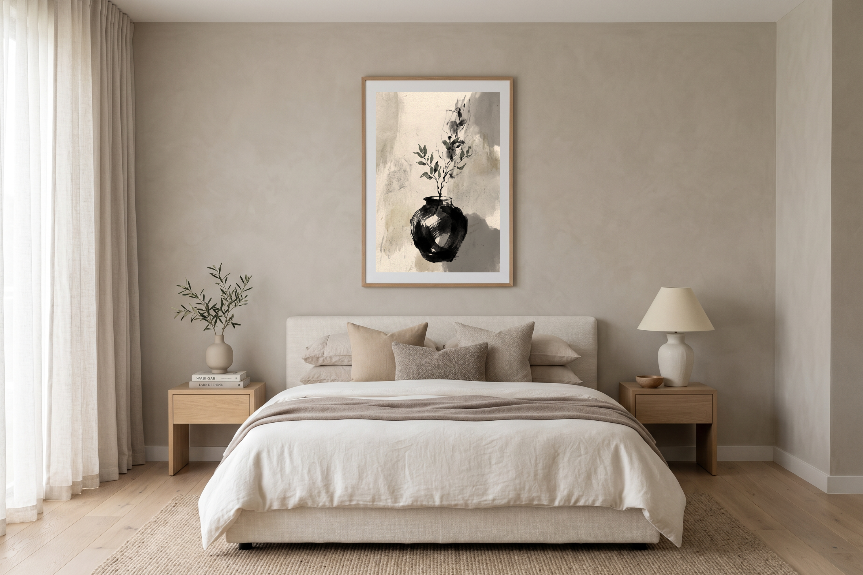 Wabi-Sabi charcoal vase and branch wall decor above a cozy natural wood bed
