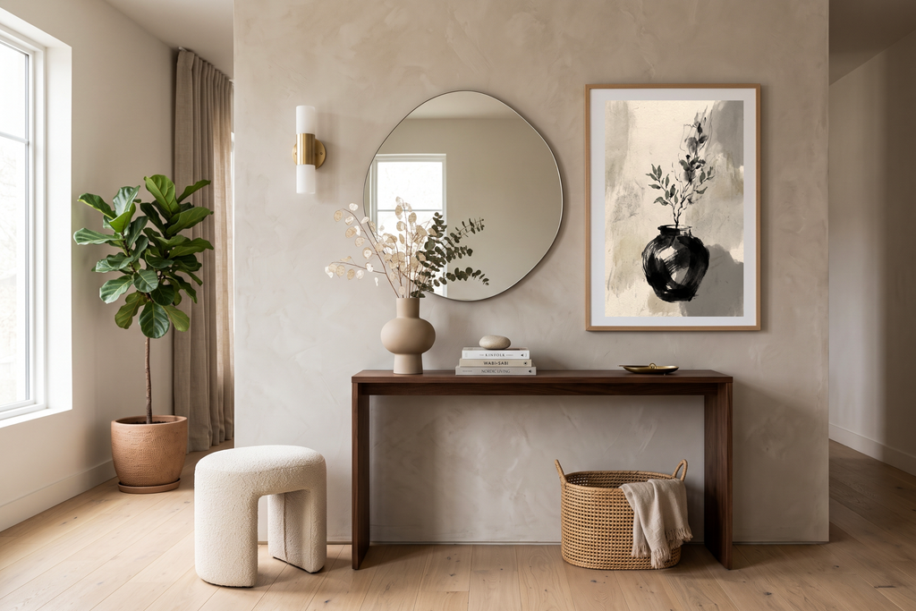 Peaceful sumi-e style plant poster styling a minimalist and calming home workspace