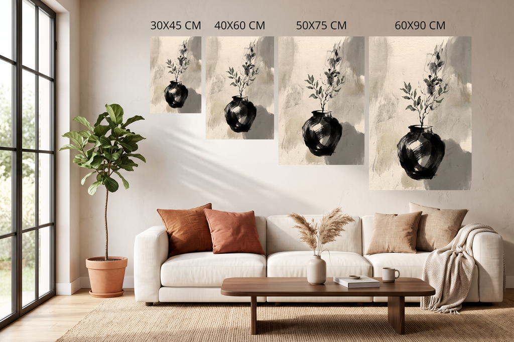 Minimalist ink wash botanical canvas print in a serene Japandi living room