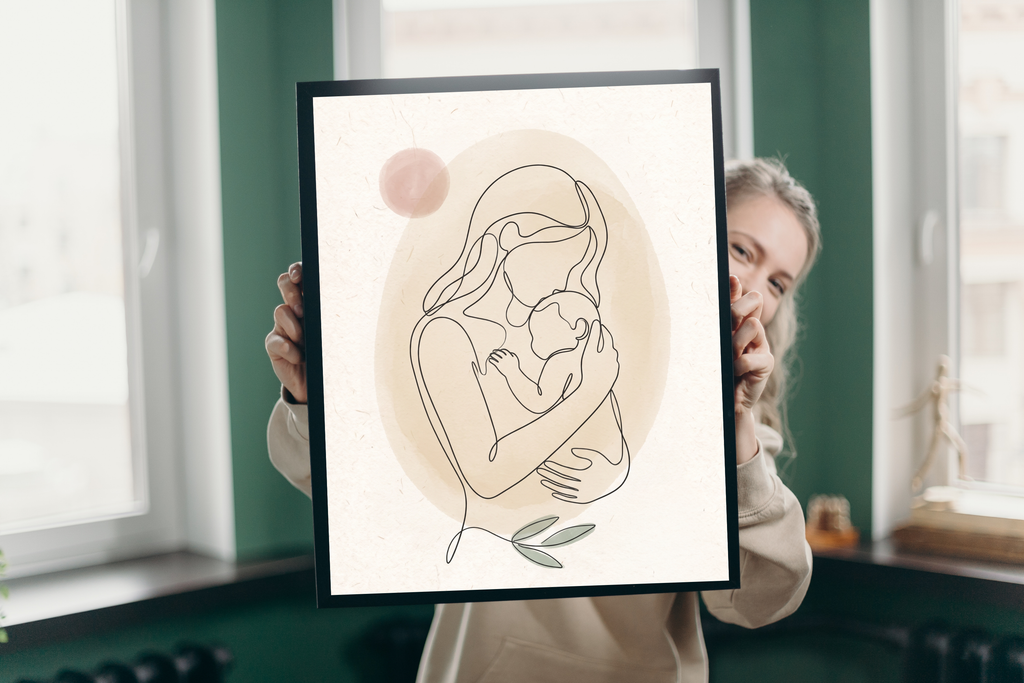 Beautiful continuous line drawing poster presented as a thoughtful baby shower gift