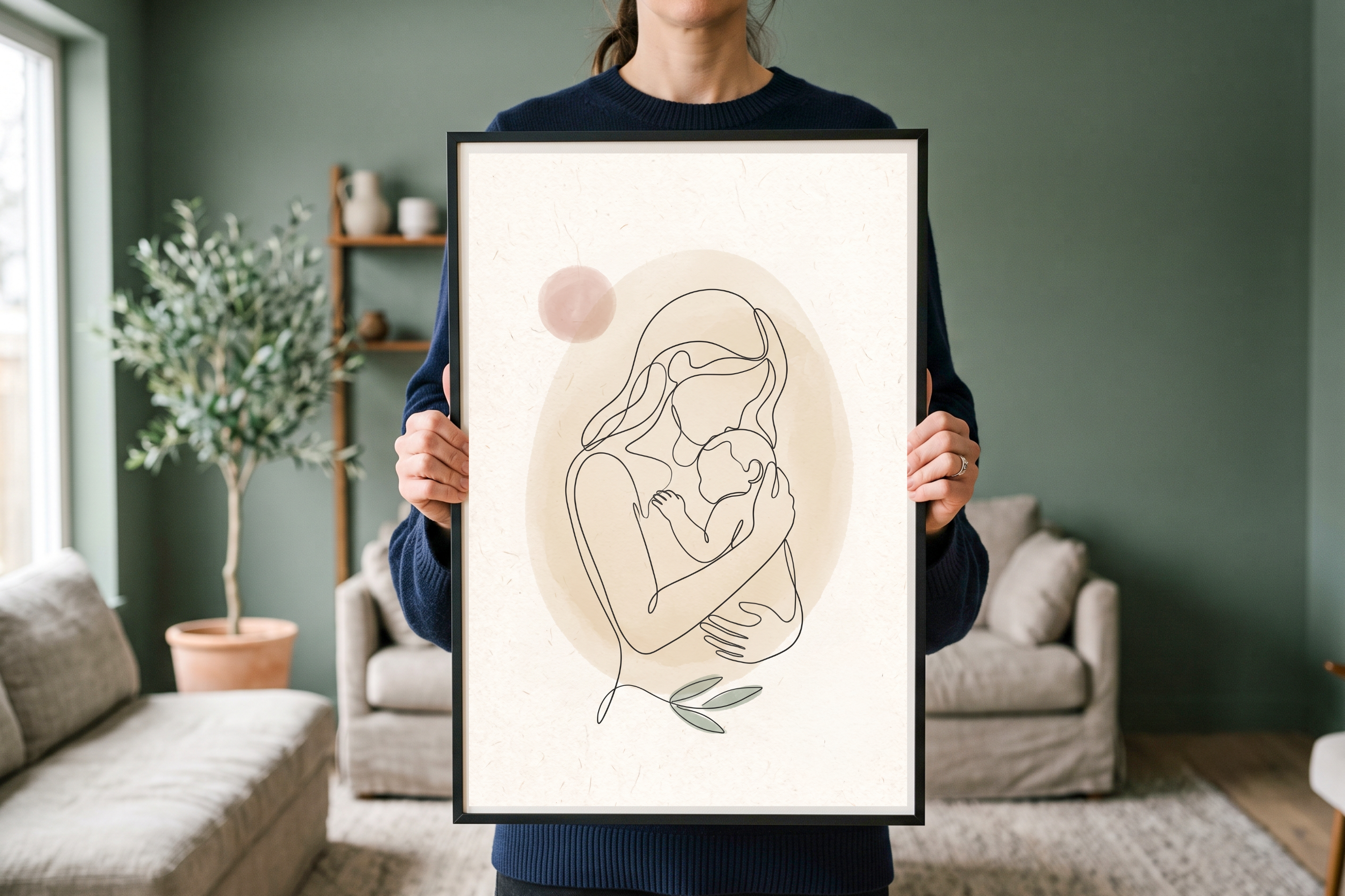Detail view showing the crisp continuous line drawing of a mother's embrace and soft textured watercolor shapes