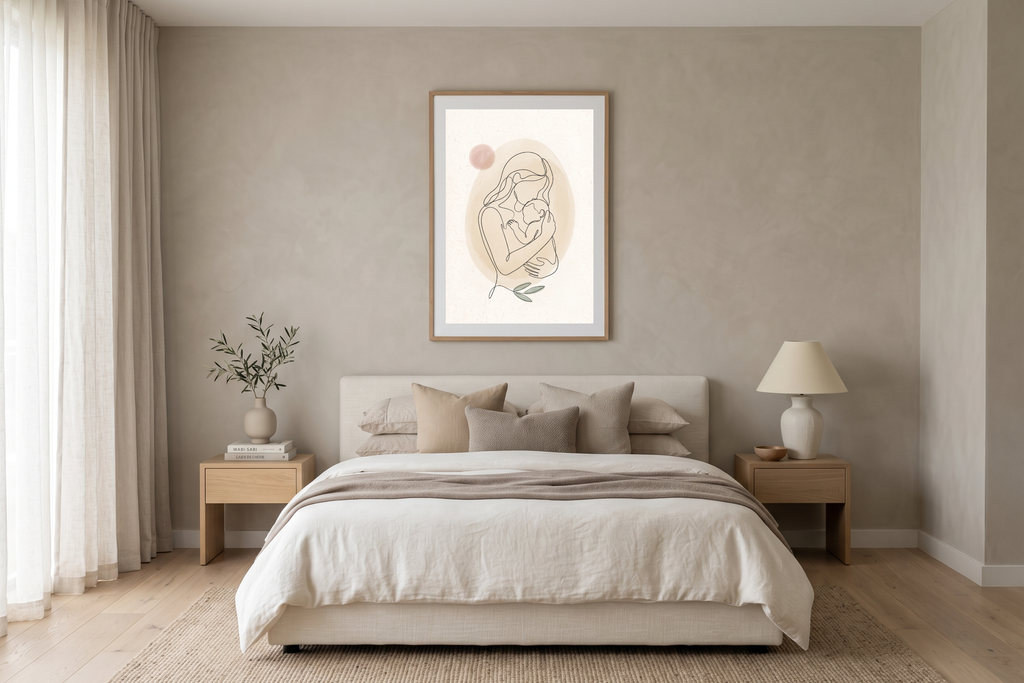 Delicate beige and pink abstract maternity wall decor displayed above a cozy bed