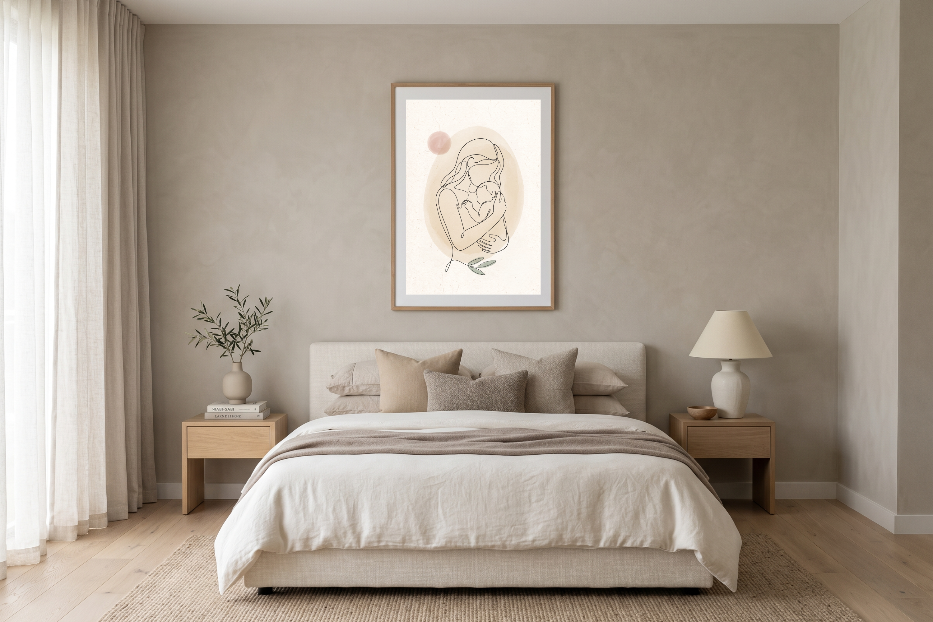 Delicate beige and pink abstract maternity wall decor displayed above a cozy bed