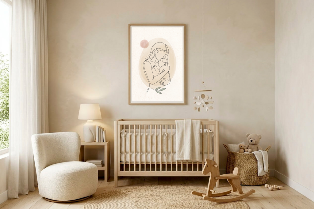 Minimalist mother and baby line art canvas print in a serene boho nursery
