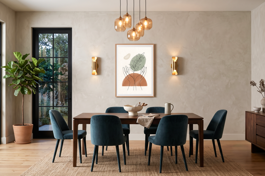 Earthy terracotta and sage green botanical wall decor above a cozy natural bed