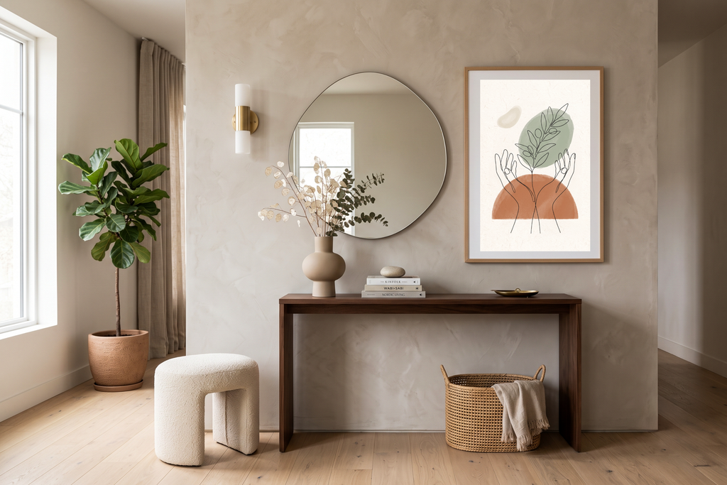 Abstract watercolor and line art hands welcoming guests in a modern bright entryway