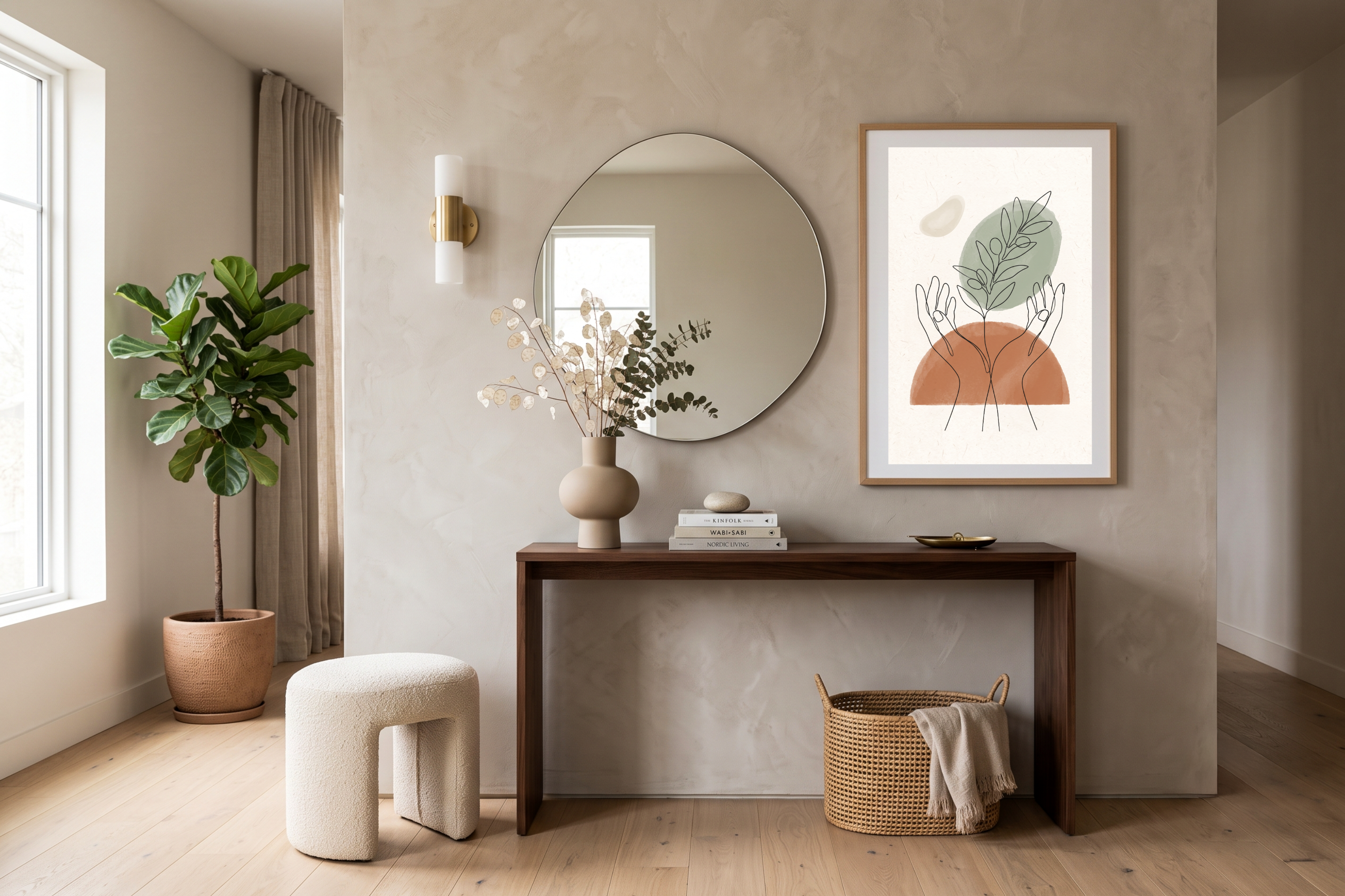 Abstract watercolor and line art hands welcoming guests in a modern bright entryway