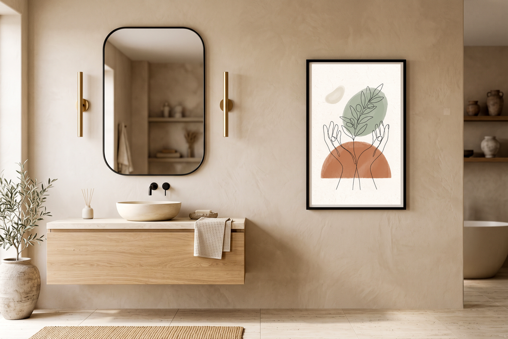 Peaceful hands and olive branch poster creating a grounding atmosphere in a home yoga room