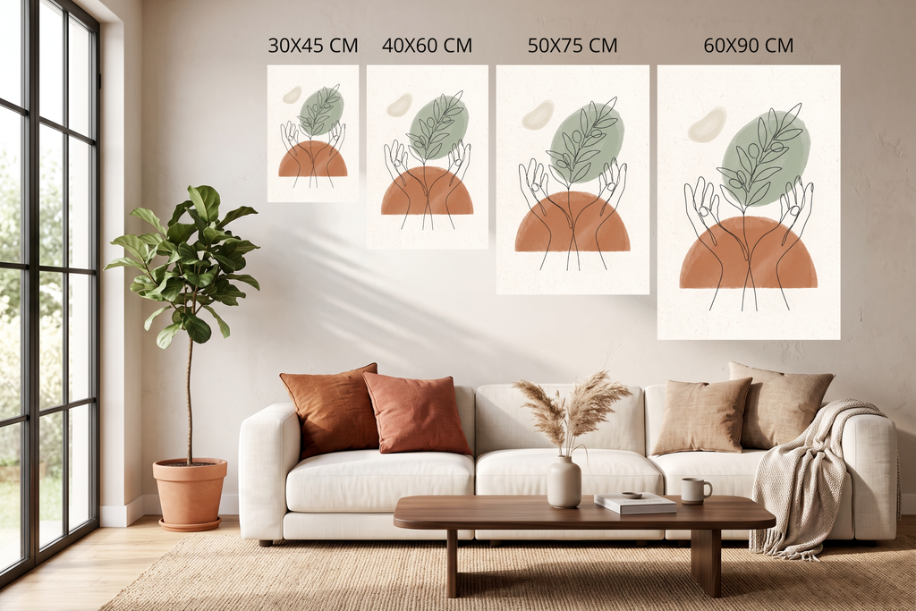 Minimalist olive branch line art canvas print in a serene boho living room