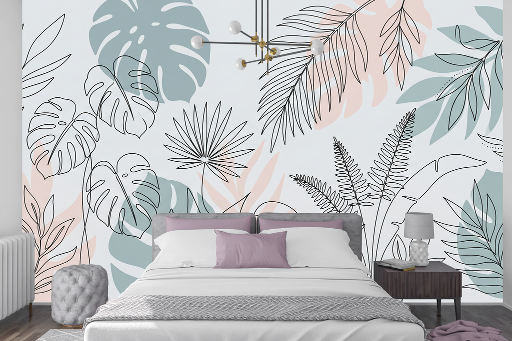 Scandi boho palm and fern leaf wall mural creating a trendy bedroom accent wall