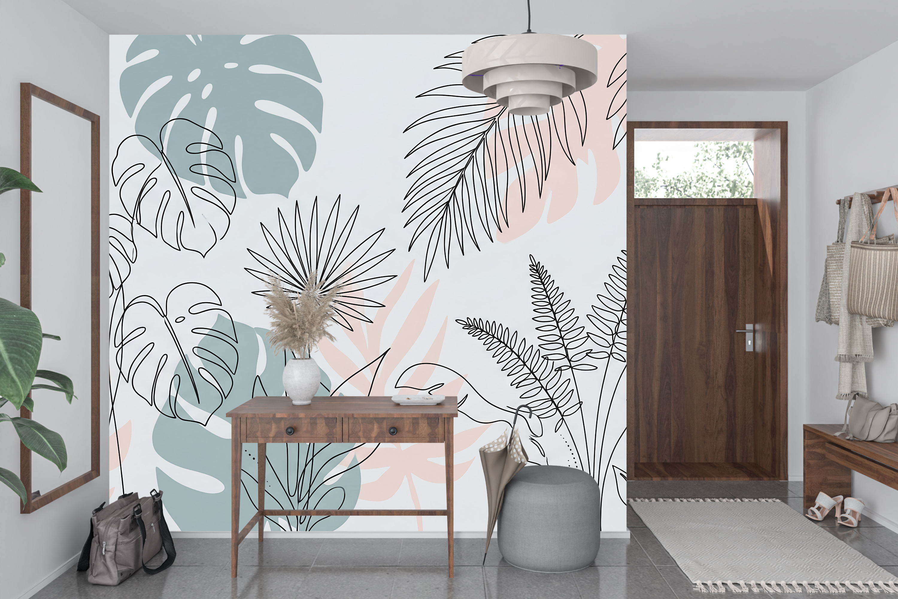 Continuous line tropical leaf wall mural transforming a creative studio space