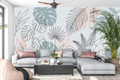 Minimalist tropical line art botanical mural in a bright modern living room