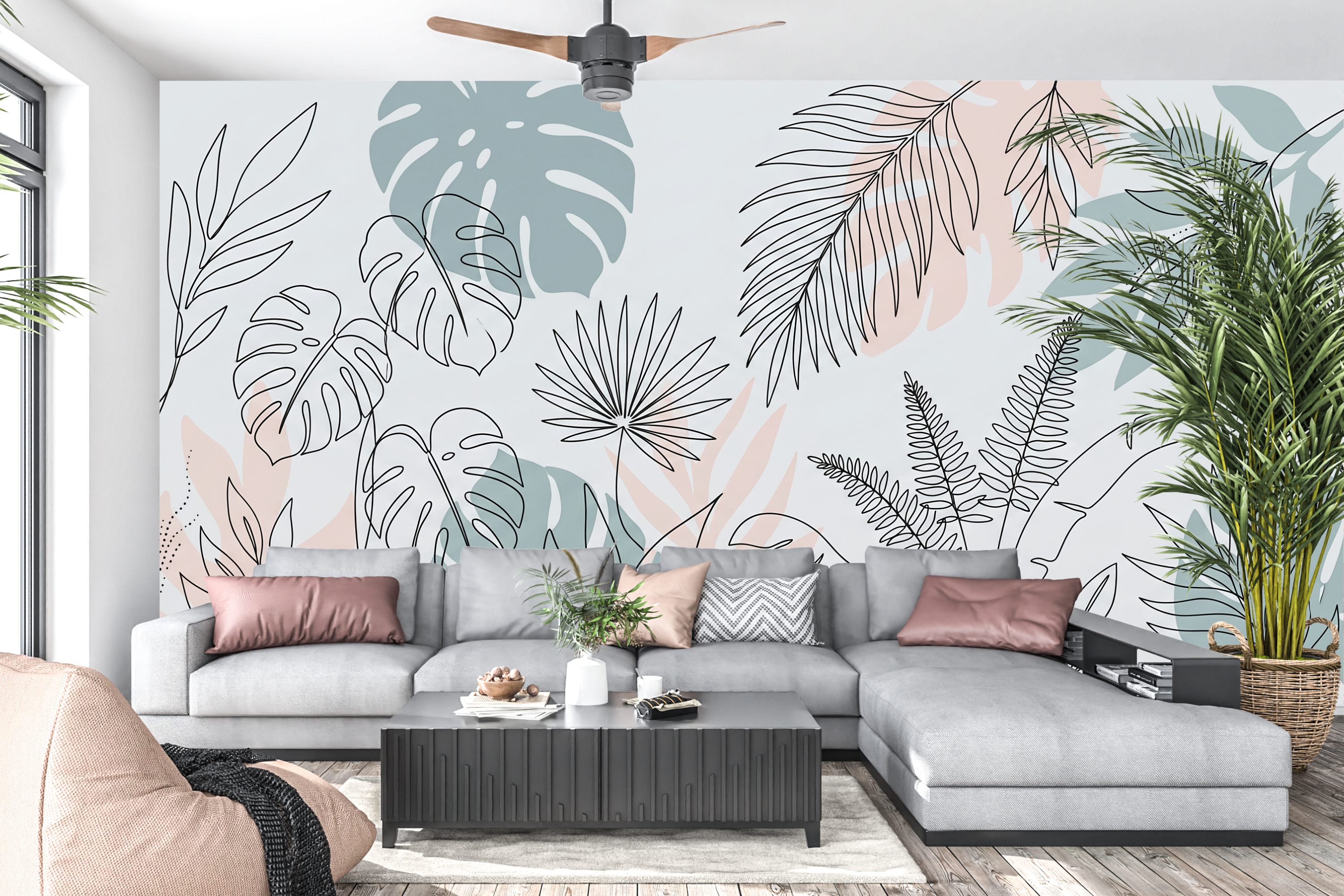 Minimalist tropical line art botanical mural in a bright modern living room