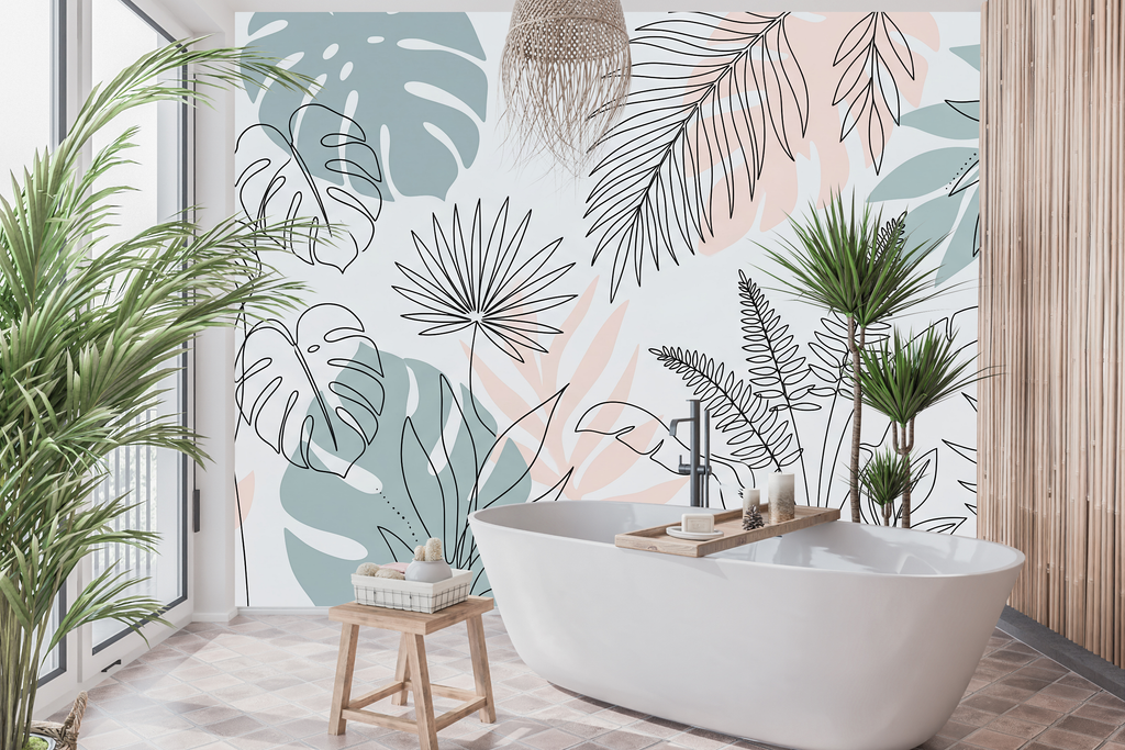 Waterproof vinyl modern tropical abstract wallpaper applied in a chic bright bathroom