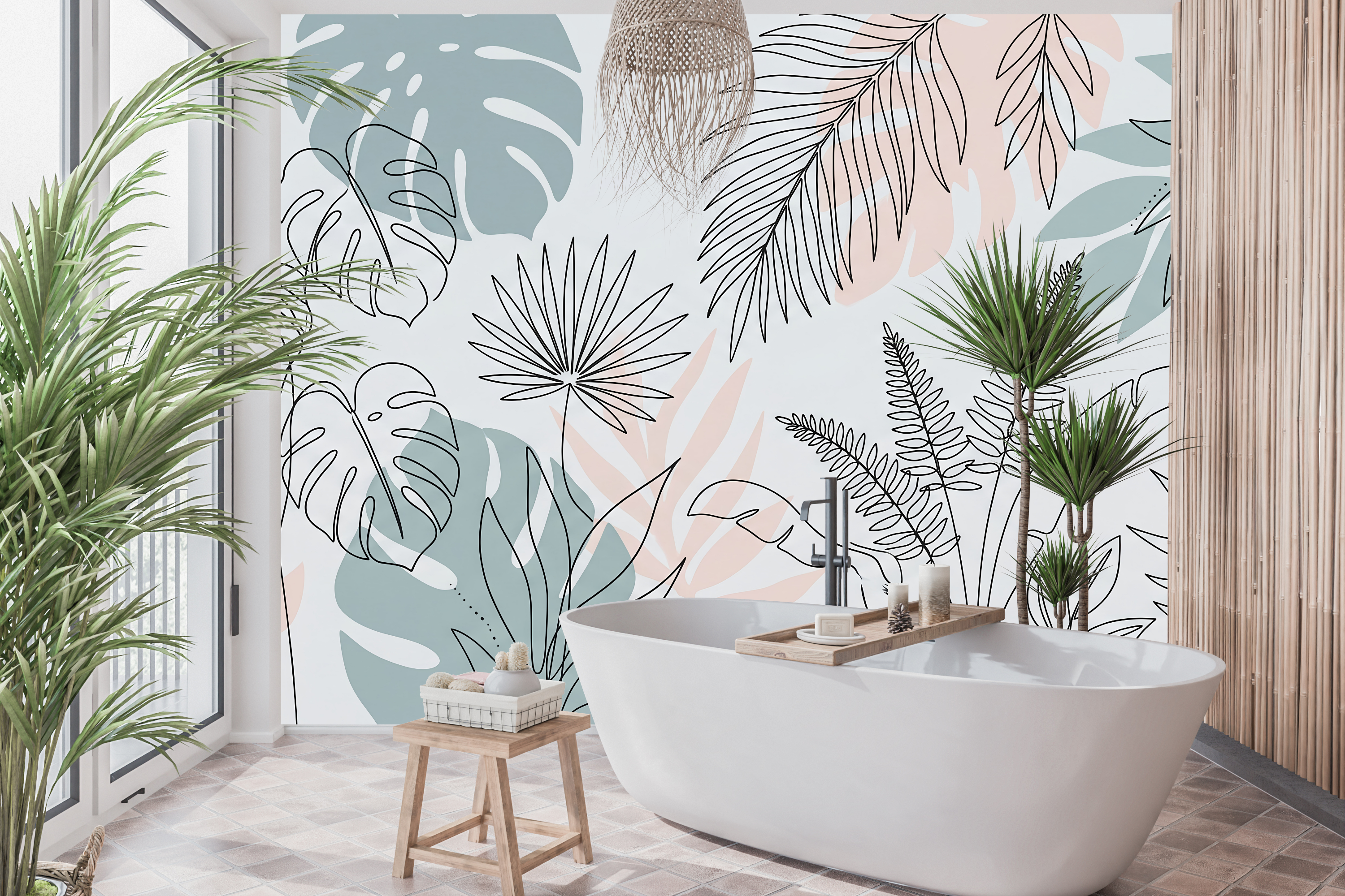 Waterproof vinyl modern tropical abstract wallpaper applied in a chic bright bathroom