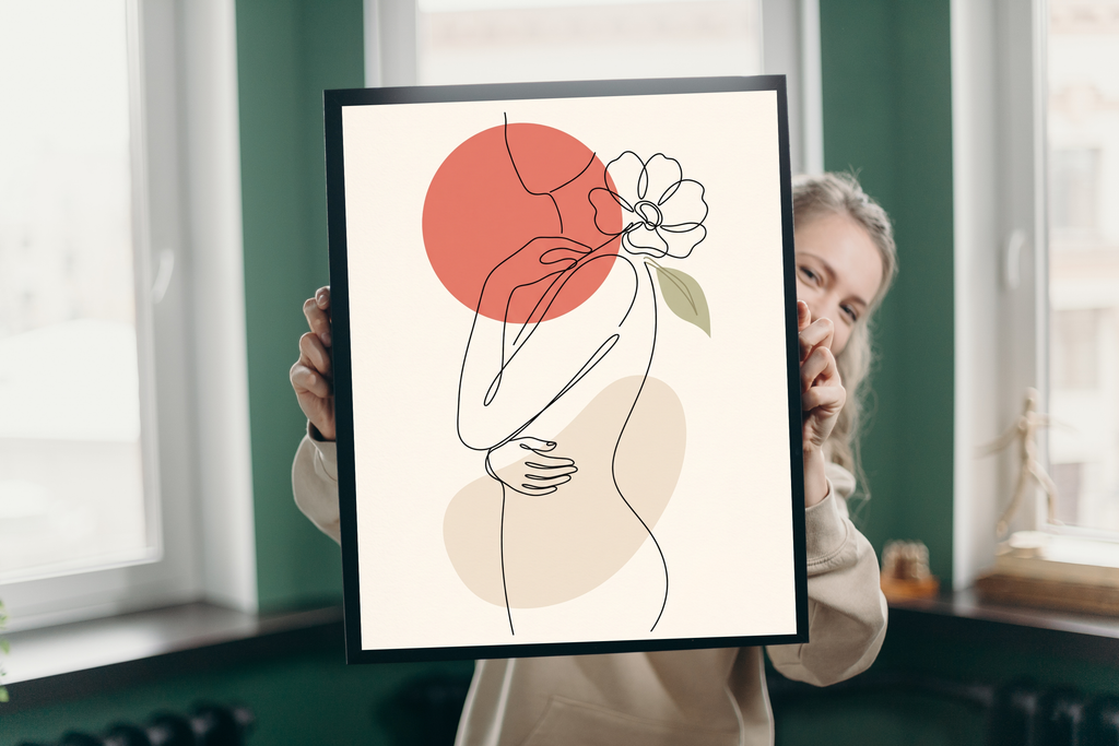 Minimalist Woman with Flower Line Art Canvas Print Boho Feminine Wall Decor