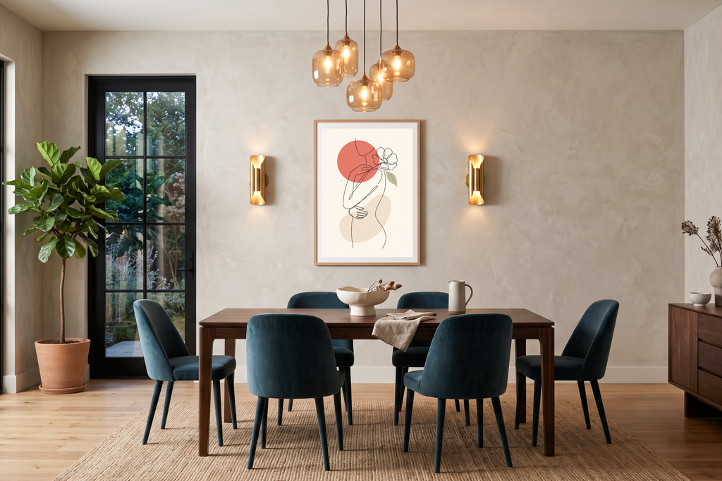 Feminine coral and beige abstract wall decor displayed beautifully above a modern makeup vanity