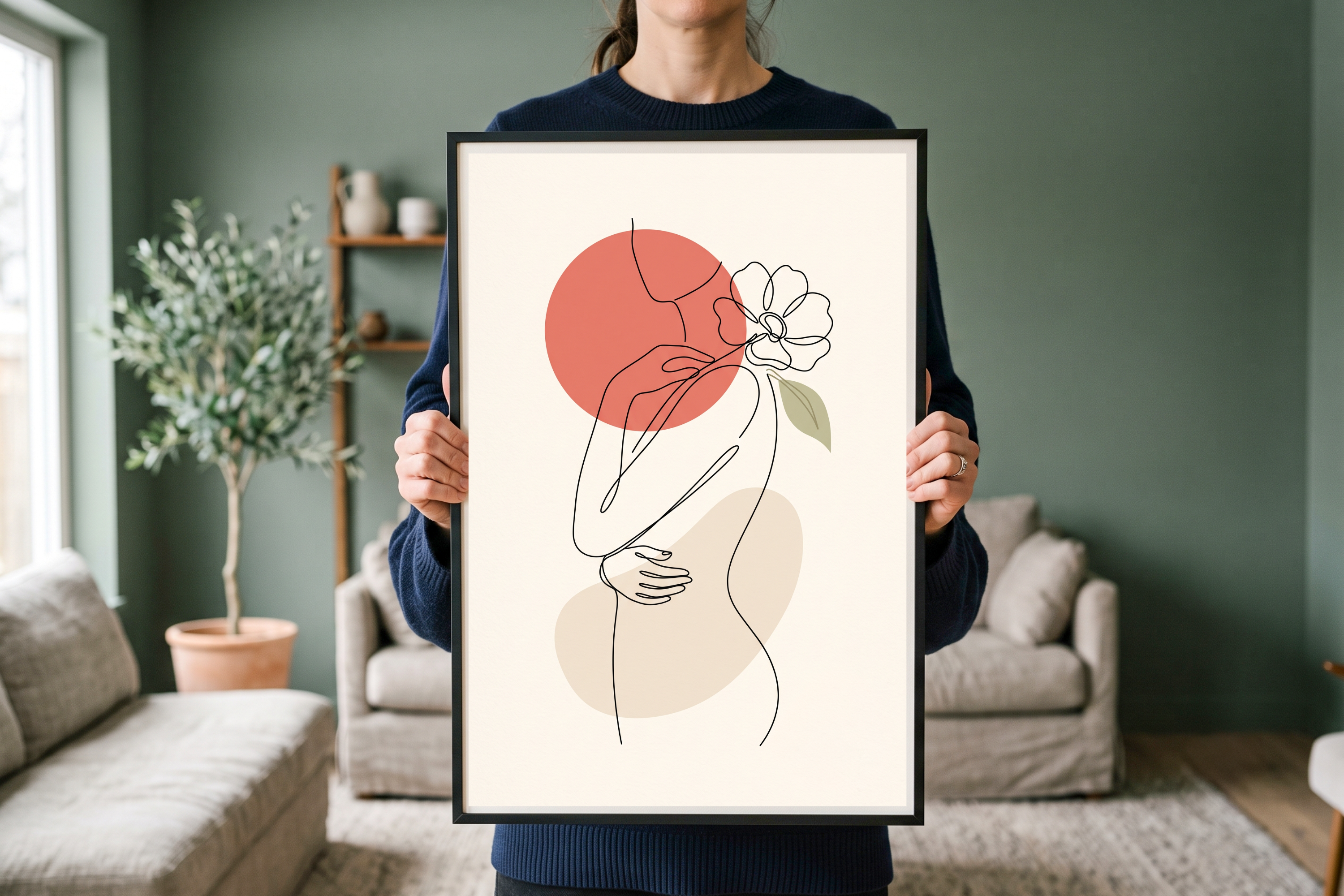 Detail view showing the crisp continuous line drawing of the woman and soft textured watercolor shapes
