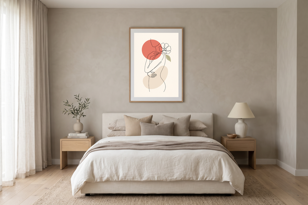 Minimalist woman with flower line art canvas print styling a serene boho bedroom