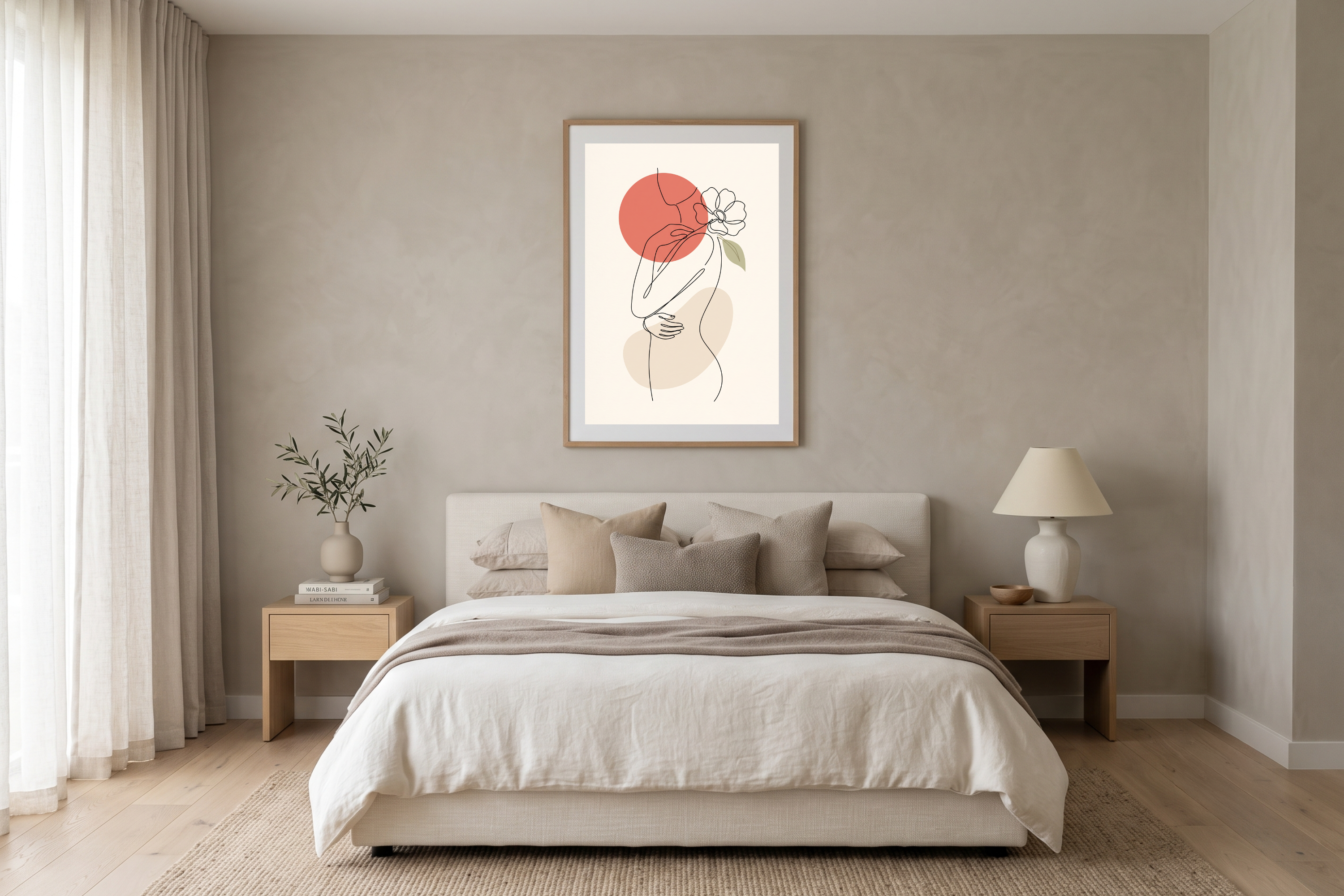 Minimalist woman with flower line art canvas print styling a serene boho bedroom