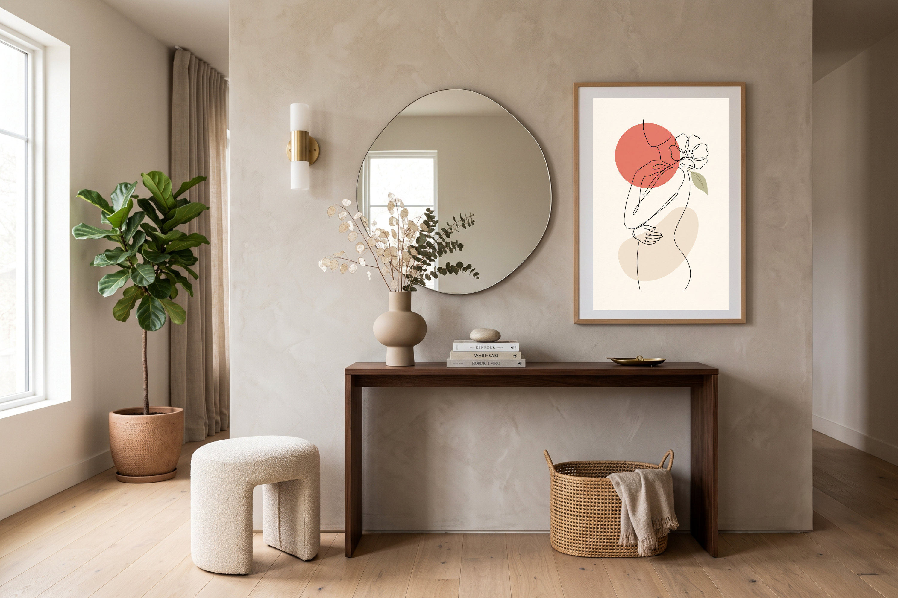 Minimalist Woman with Flower Line Art Canvas Print Boho Feminine Wall Decor