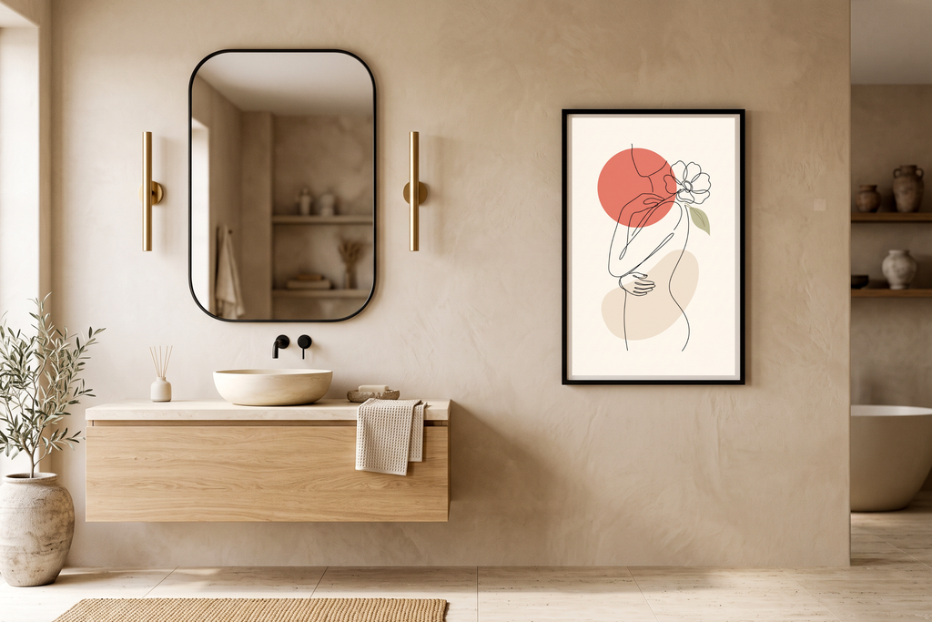 Peaceful modern organic line art poster creating a spa-like grounding atmosphere in a chic bathroom