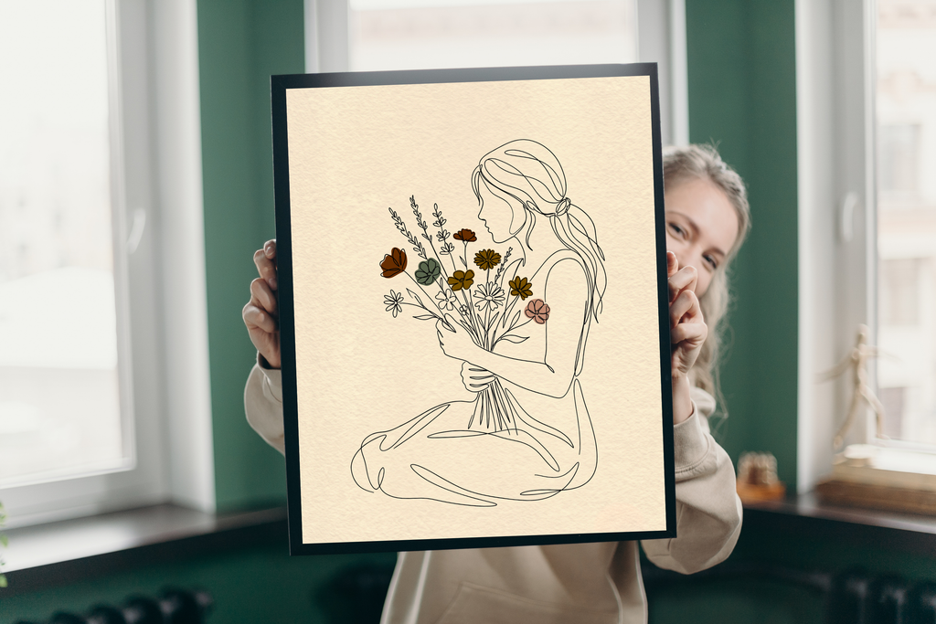 Minimalist Woman with Wildflowers Line Art Canvas Print Serene Boho Botanical Wall Decor