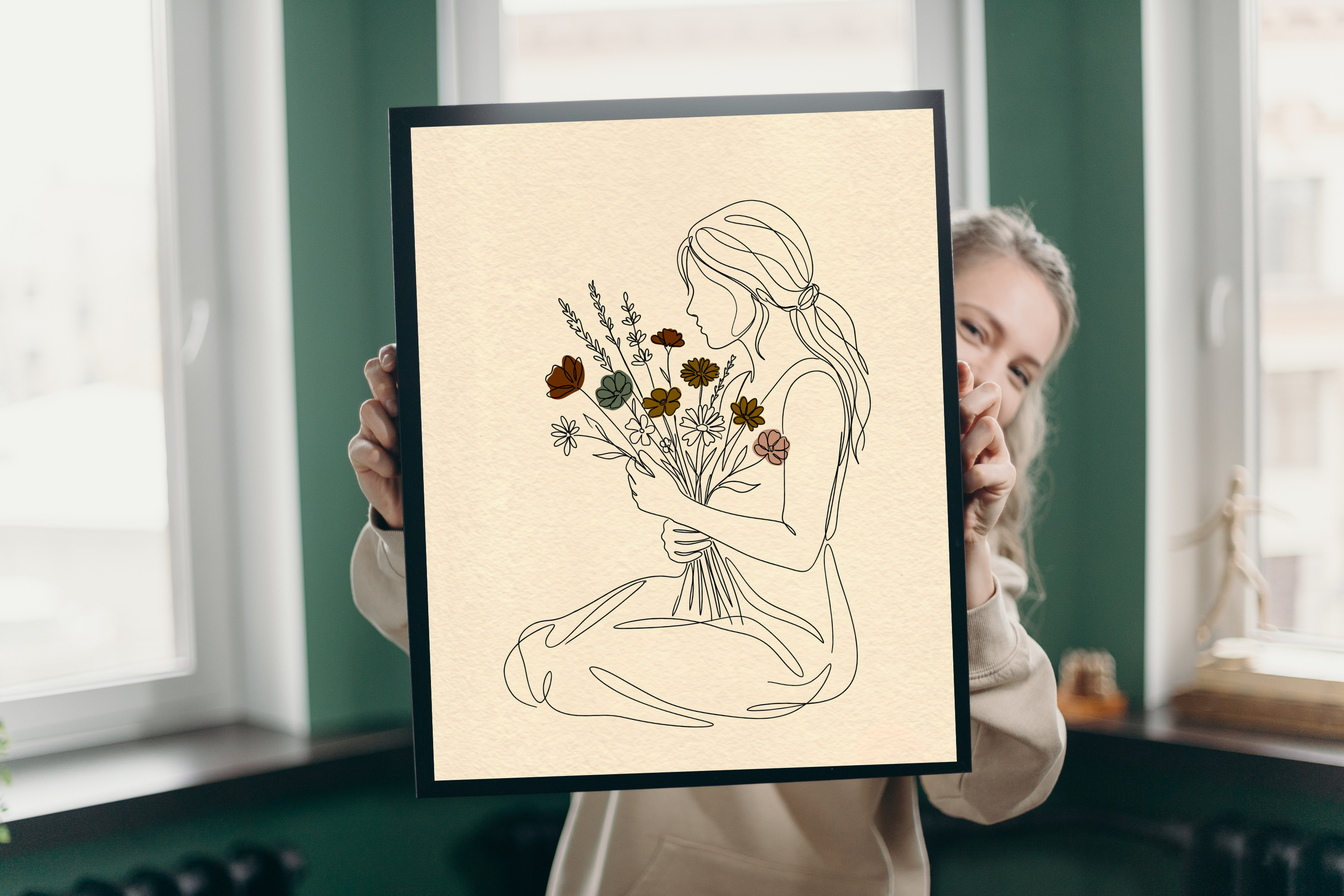 Minimalist Woman with Wildflowers Line Art Canvas Print Serene Boho Botanical Wall Decor