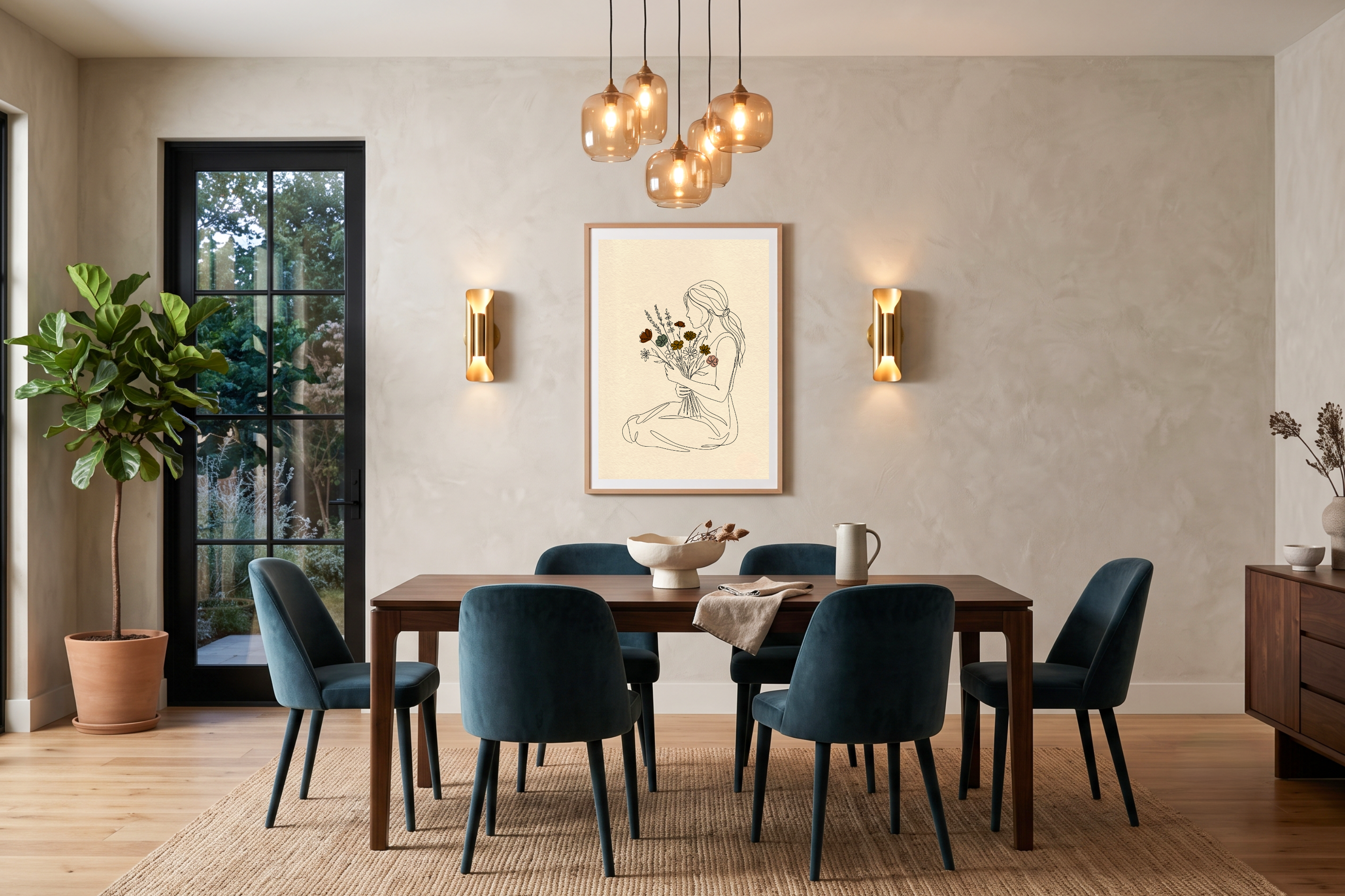Peaceful modern organic boho poster creating a calming atmosphere in a chic botanical nursery
